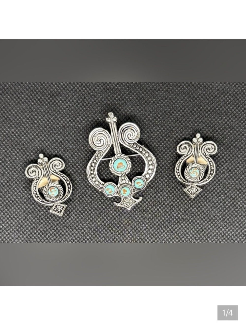 Aztec Style Silver Tone Turquoise Inlay Brooch & Clip-On Earring Set
